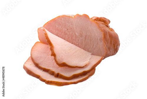 Photo: Sliced ham isolated on white background. Sliced ham isolated on white background.