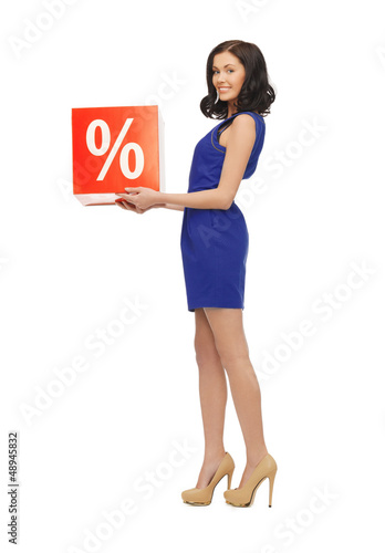 Photo: lovely woman in blue dress with percent sign lovely woman in blue dress with percent sign