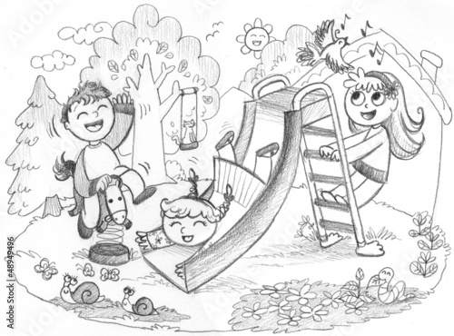 Illustration: Playground: 3 happy kids playing. Hand drawn illustration. Playground: 3 happy kids playing. Hand drawn illustration.