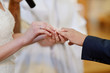 Bride putting the ring on groom's finger