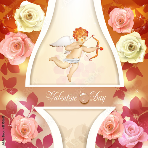 Vector: Valentine's day card with roses, hearts and cupid Valentine's day card with roses, hearts and cupid