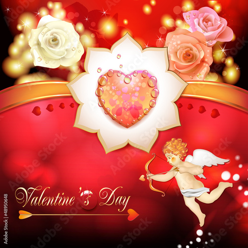 Vector: Valentine's day card with roses, hearts and cupid Valentine's day card with roses, hearts and cupid