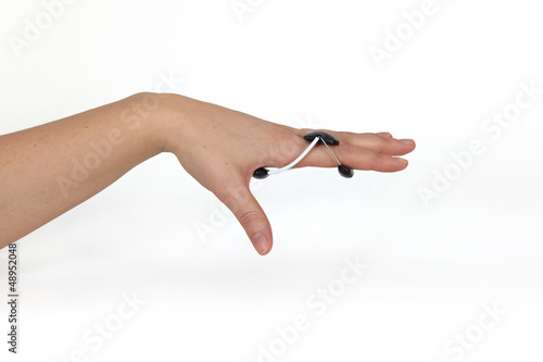 Photo: Finger in a splint. Finger in a splint.