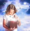 Girl Opening a Box with Blue Butterflies