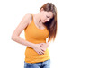 beautiful young woman stomachache on white background