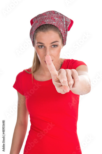 Photo: Frau in Rot isoliert zeigt mit dem Finger Frau in Rot isoliert zeigt mit dem Finger