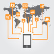 Smartphone with icons on the world map.