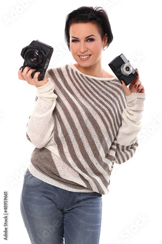 Photo: Beautiful woman with cameras Beautiful woman with cameras