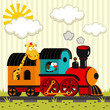 locomotive with a giraffe and a bird