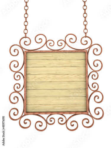 Illustration: Old wooden sign on the chains. Isolated on white Old wooden sign on the chains. Isolated on white