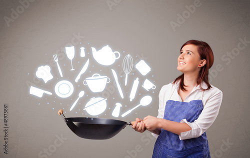 Photo: Young woman with kitchen accessories icons Young woman with kitchen accessories icons