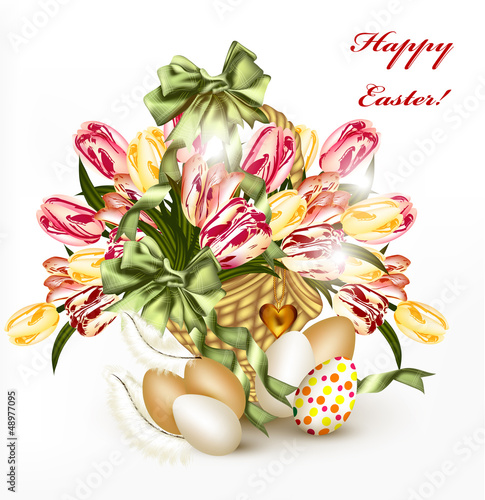 Vector: Cute Easter greeting card with basket full of realistic tulips Cute Easter greeting card with basket full of realistic tulips