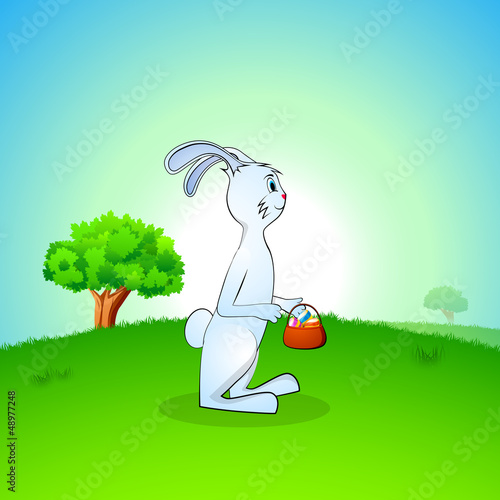 Vector: Cute Easter Bunny with Easter Eggs basket on nature background. Cute Easter Bunny with Easter Eggs basket on nature background.