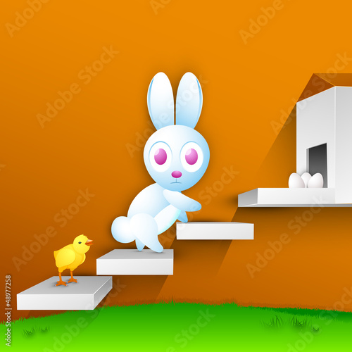 Vector: Easter bunny with little chick on stairs, Happy Easter Backgroun Easter bunny with little chick on stairs, Happy Easter Backgroun