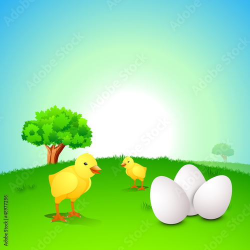 Vector: Little Easter Chick with Easter Eggs on nature background. EPS 1 Little Easter Chick with Easter Eggs on nature background. EPS 1
