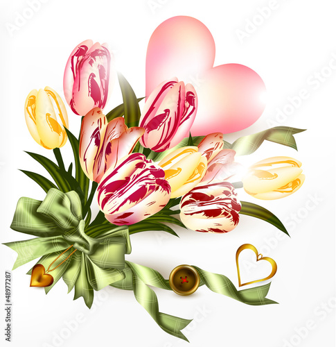 Vector: Cute valentine background with pink heart and realistic tulip f Cute valentine background with pink heart and realistic tulip f