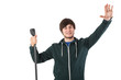 Young man at the microphone thanks the audience