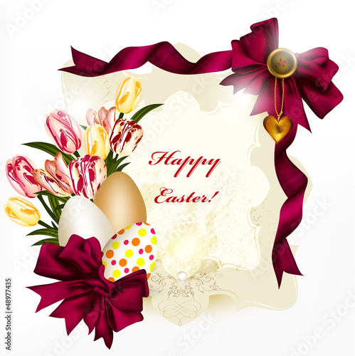 Vector: Easter card with banner, space for text, eggs, bows and flowers Easter card with banner, space for text, eggs, bows and flowers