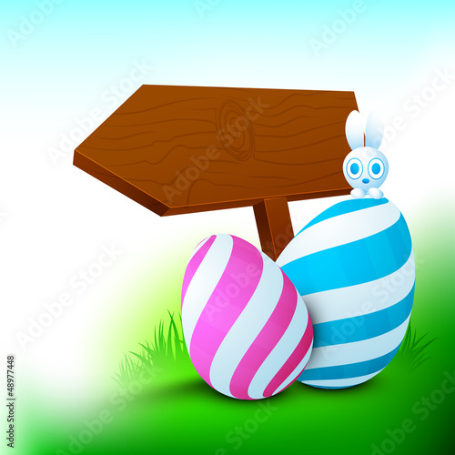 Vector: Easter bunny with beautiful painted eggs and wooden sign board f Easter bunny with beautiful painted eggs and wooden sign board f