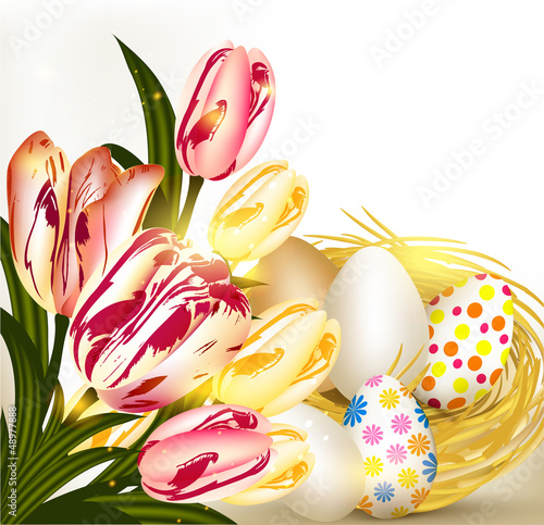 Vector: Easter greeting card with nest full of eggs and tulips Easter greeting card with nest full of eggs and tulips