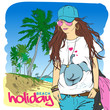 Fashion girl in sketch style on a beach-background.
