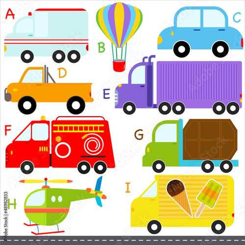 A set of cute vector A-Z alphabets : Car Vehicles Transportation