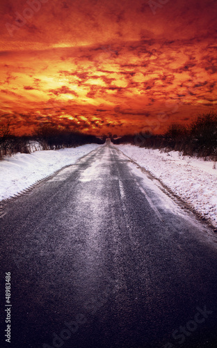 Photo: sunset snow road sunset snow road