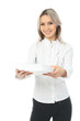 Blonde girl with a stack of paper
