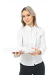 Blonde girl with a stack of paper