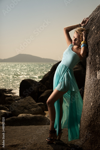 Photo: Portrait Of Fashion Woman In Blue Dress Outdoor Portrait Of Fashion Woman In Blue Dress Outdoor