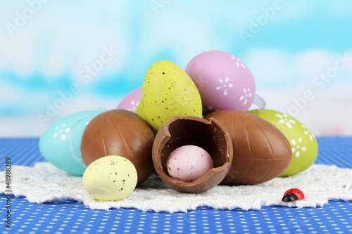 Photo: Composition of Easter and chocolate eggs on natural background Composition of Easter and chocolate eggs on natural background