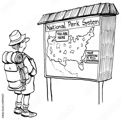 Illustration: Hiker sees a map with a fire warning Hiker sees a map with a fire warning