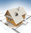 Mountain cottage building with layout plan and clear blue sky Mountain cottage building with layout plan and clear blue sky