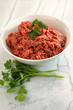 Close up of raw ground beef on cutting board