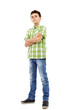 Teenager in plaid shirt, full length