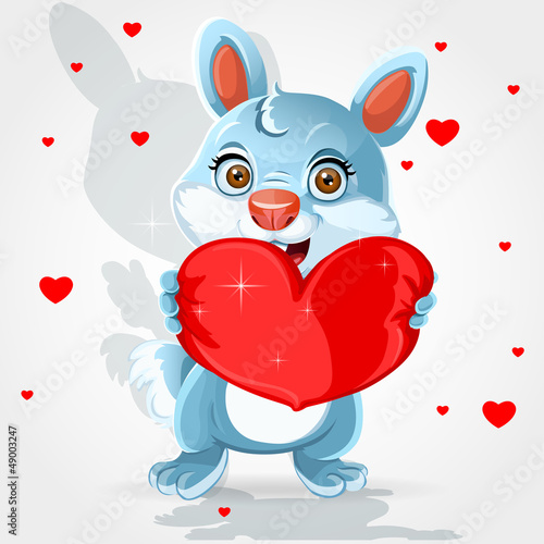 Vector: Cute little bunny holds a soft red heart-pillow Valentine gift Cute little bunny holds a soft red heart-pillow Valentine gift