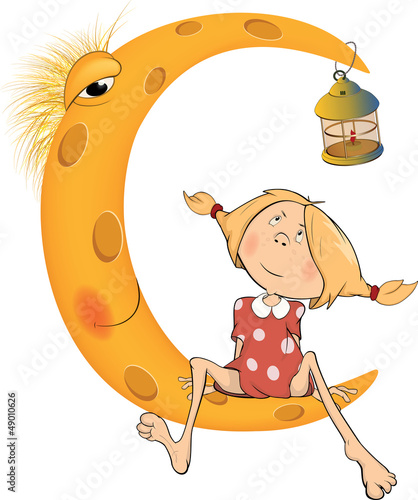 Vector: The girl and the moon cartoon The girl and the moon cartoon