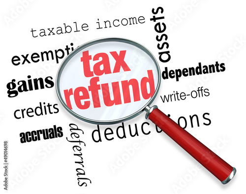 Illustration: Searching for a Tax Refund - Magnifying Glass Searching for a Tax Refund - Magnifying Glass