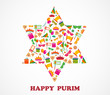 Vector: David star with objects of purim holiday, jewish holiday David star with objects of purim holiday, jewish holiday