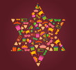Vector: David star with objects of purim holiday, jewish holiday David star with objects of purim holiday, jewish holiday