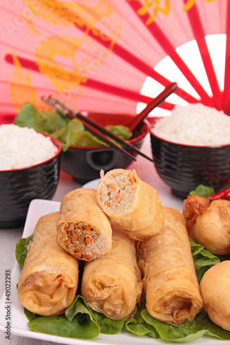 Photo: chinese food, spring roll and rice chinese food, spring roll and rice