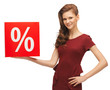 teenage girl in red dress with sale sign
