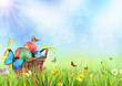 Easter basket full of colored eggs in meadow