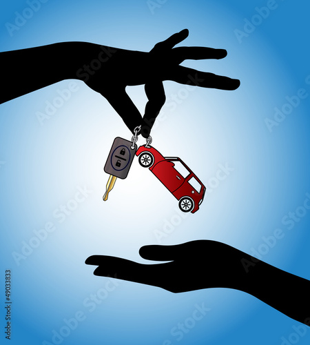 Vector: Hands exchanging car key with auto locking system and car symbol Hands exchanging car key with auto locking system and car symbol