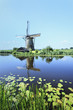 Ancient wind mill reflected in a blue canal, Holland.