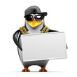 Penguin rapper holds a blank sign