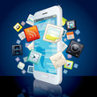 Icons Cloud around Touchscreen Smartphone. Vector Image
