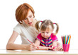 mother and her child girl pencil together