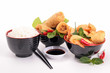 spring roll, shrimp fritter and soy sauce