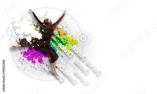 Illustration: Girl in color dress dancing.Collage Girl in color dress dancing.Collage